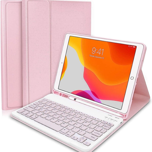 Keyboard & Case for i-Pad 10.2 9th Generation 2021 / 8th Gen 2020 / 7th Gen 2019 / Air 3rd 2019 / i-Pad Pro 10.5 2017 - Slim Protective Case with Apple Pencil Holder Wireless Detachable Keyboard (Pink color )(Tab Not Included)