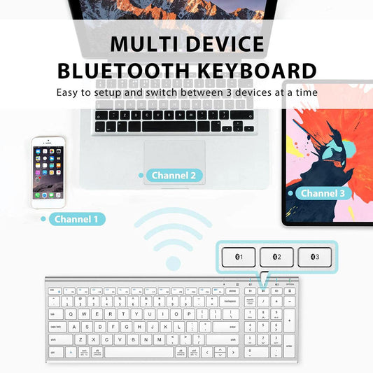 Jelly Comb Multi-Device Bluetooth Keyboard for M-ac OS, Jelly Comb Rechargeable Slim Wireless Keyboard with Number Pad Compatible for M-acBook Pro/Air, iMac, i-Phone, i-Pad Pro/Air/Mini White and Silver