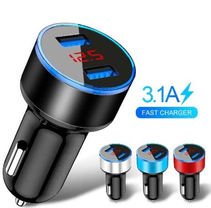 Dual USB Car Charger 3.1A Fast Charging with LED Digital Voltmeter – Cigarette Lighter Mobile Phone USB Adapter for 12V–24V Vehicles