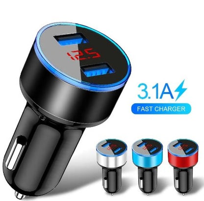 Dual USB Car Charger 3.1A Fast Charging with LED Digital Voltmeter – Cigarette Lighter Mobile Phone USB Adapter for 12V–24V Vehicles