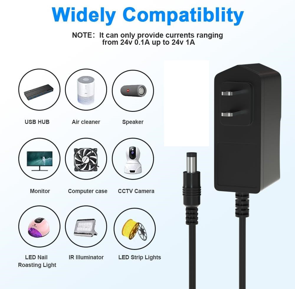 DC 24V 1A Power Supply Adapter 100-240V AC to 24V DC Charger with 5.5mm x 2.5mm Plug – for LED Strip, CCTV Camera, DC Pump & Electronics