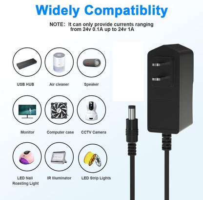 DC 24V 1A Power Supply Adapter 100-240V AC to 24V DC Charger with 5.5mm x 2.5mm Plug – for LED Strip, CCTV Camera, DC Pump & Electronics