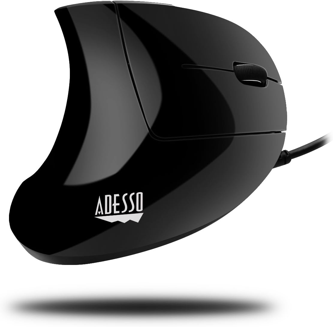 Branded Adesso iMouse E1 Vertical Ergonomic USB Mouse – 1600 DPI Illuminated Optical Wired Mouse with 6 Buttons for Right-Handed Users