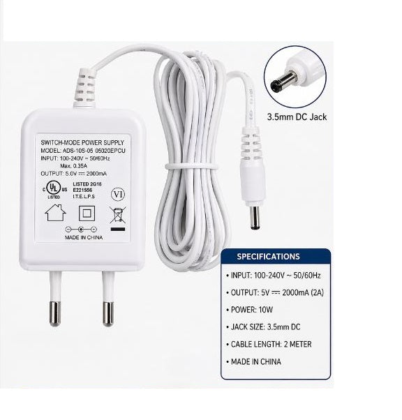5V 2000mA Switching Power Supply Adapter 100-240V AC to DC | 3.5mm DC Jack | 2 Meter Cable | High Efficiency Charger