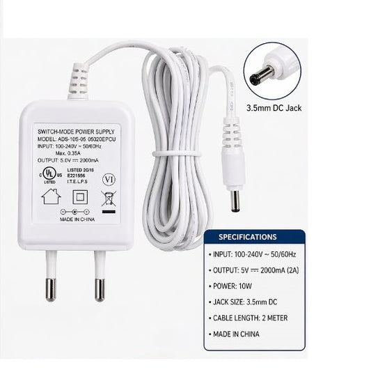5V 2000mA Switching Power Supply Adapter 100-240V AC to DC | 3.5mm DC Jack | 2 Meter Cable | High Efficiency Charger