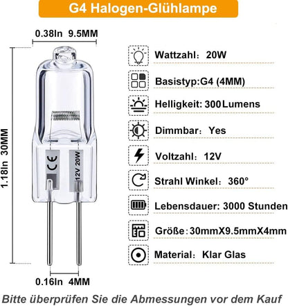 G4 Dimmable Halogen Bulb 20W 12V – Warm White 2800K Capsule Light for Ceiling, Table & Cabinet Lighting