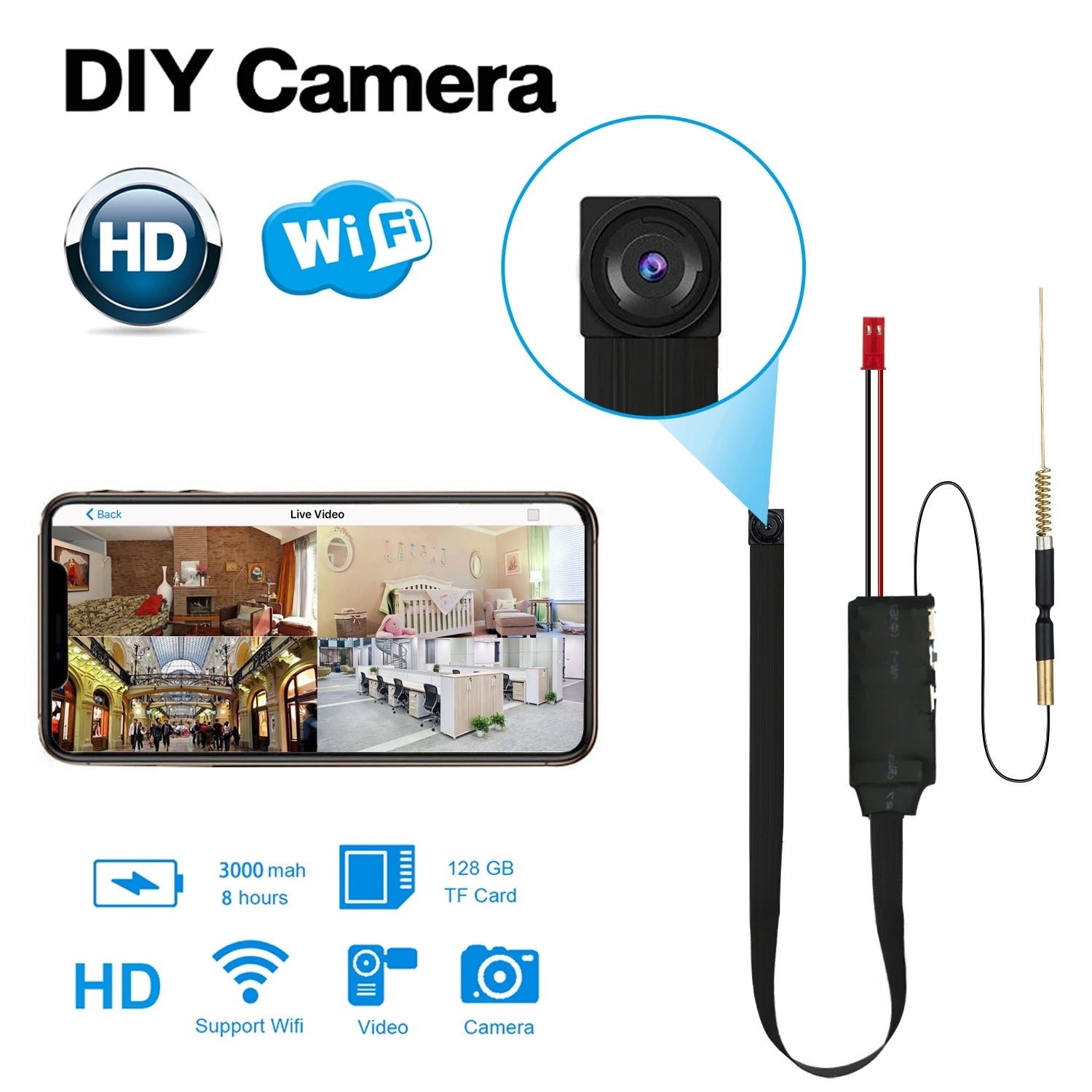 HD WiFi Mini Camera DIY Module 1080P Security Camera with Motion Detection & Remote Viewing