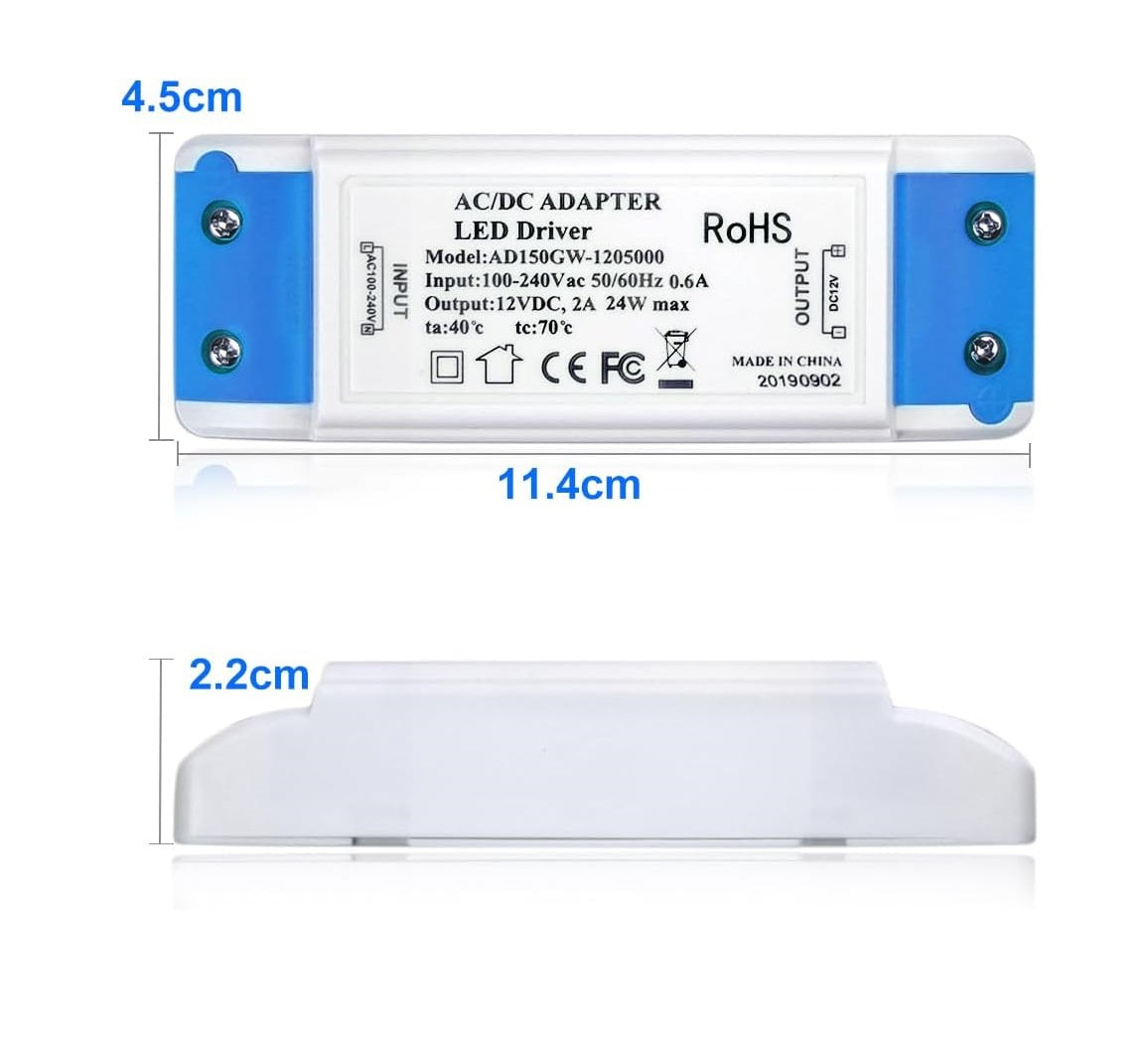 LED Transformer 24W 12V DC Power Supply Adapter – 240V AC to 12V DC 2A LED Driver for LED Strip Lights, Cabinet Lights, MR11/MR16 Bulbs & Ring Doorbell