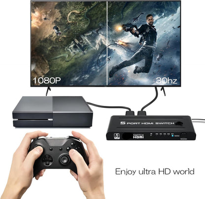 HDMI Switch 5 in 1 Out with Push Button, IR Remote & Power Adapter – 5 Port HDMI Switcher Selector Box with Amplifier, HDCP, DTS Dolby 7.1 Audio Support