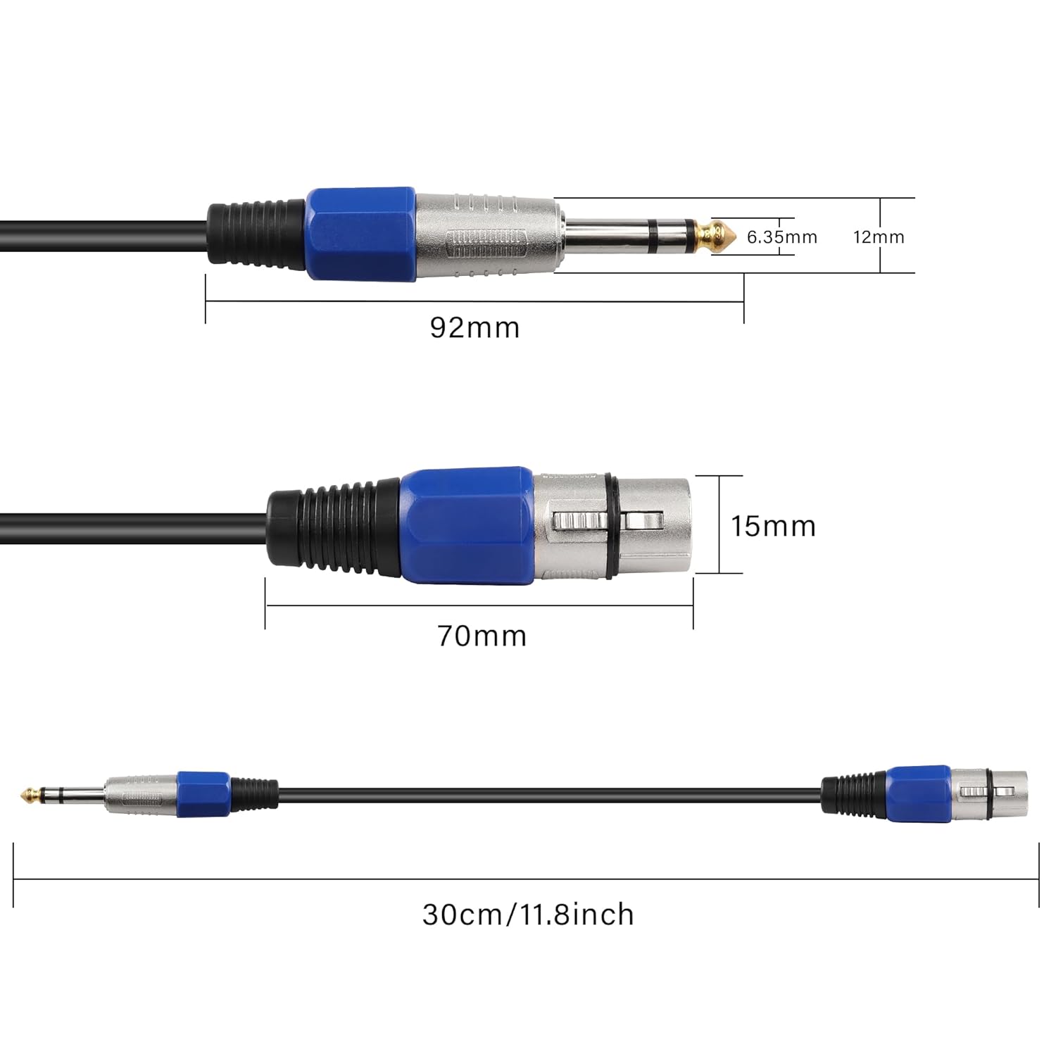 1/4" to XLR Cable,XLR 3 Pin Female to 6.35mm TRS Male Balanced Microphone Cable for Microphone, Mixer, Speaker（0.3M/1FT）