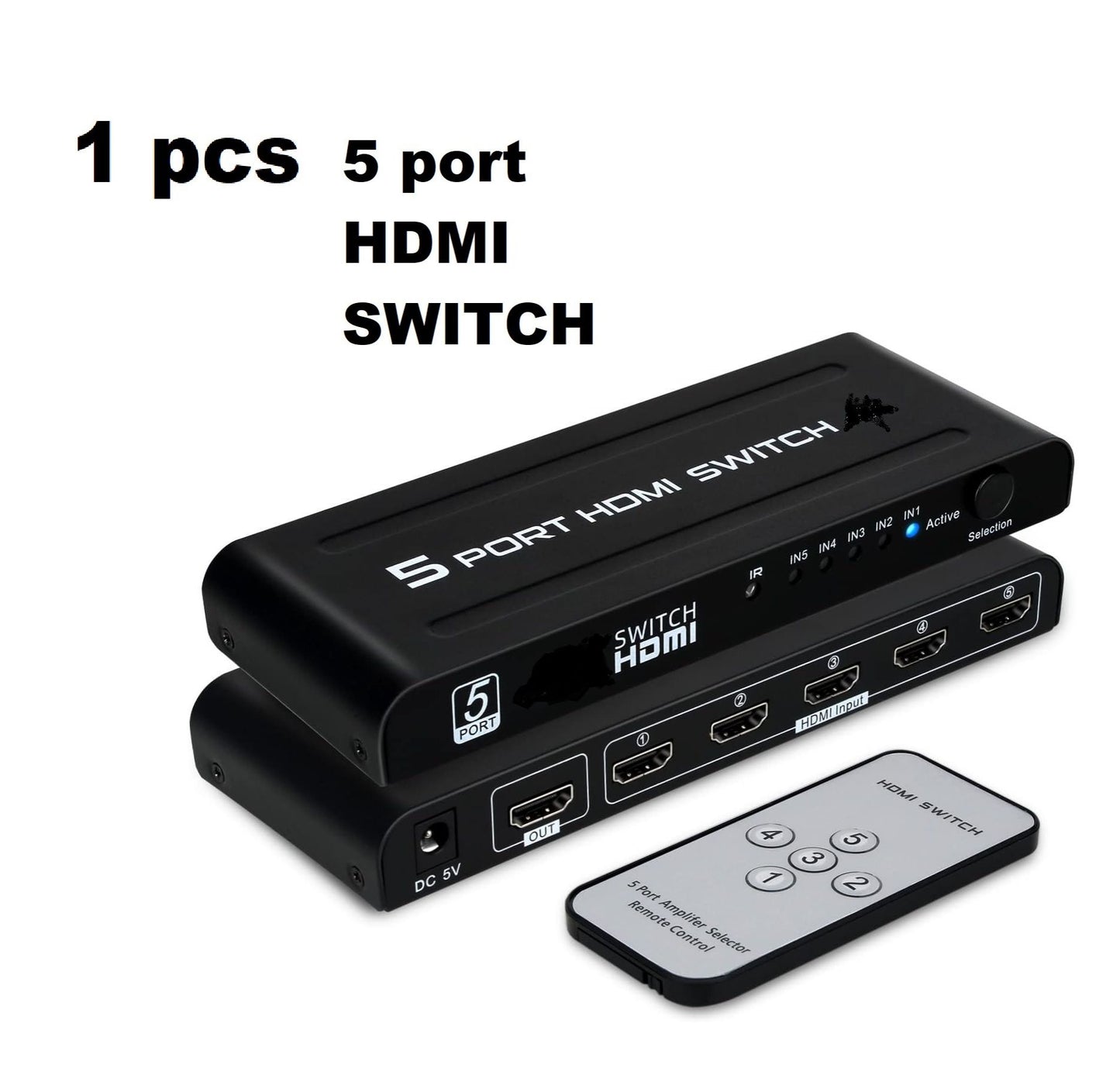 HDMI Switch Gold Plated Connector 5 in 1 Out with Push Button, IR Remote & Power Adapter – 5 Port HDMI Switcher Selector Box with Amplifier, HDCP, DTS Dolby 7.1 Audio Support
