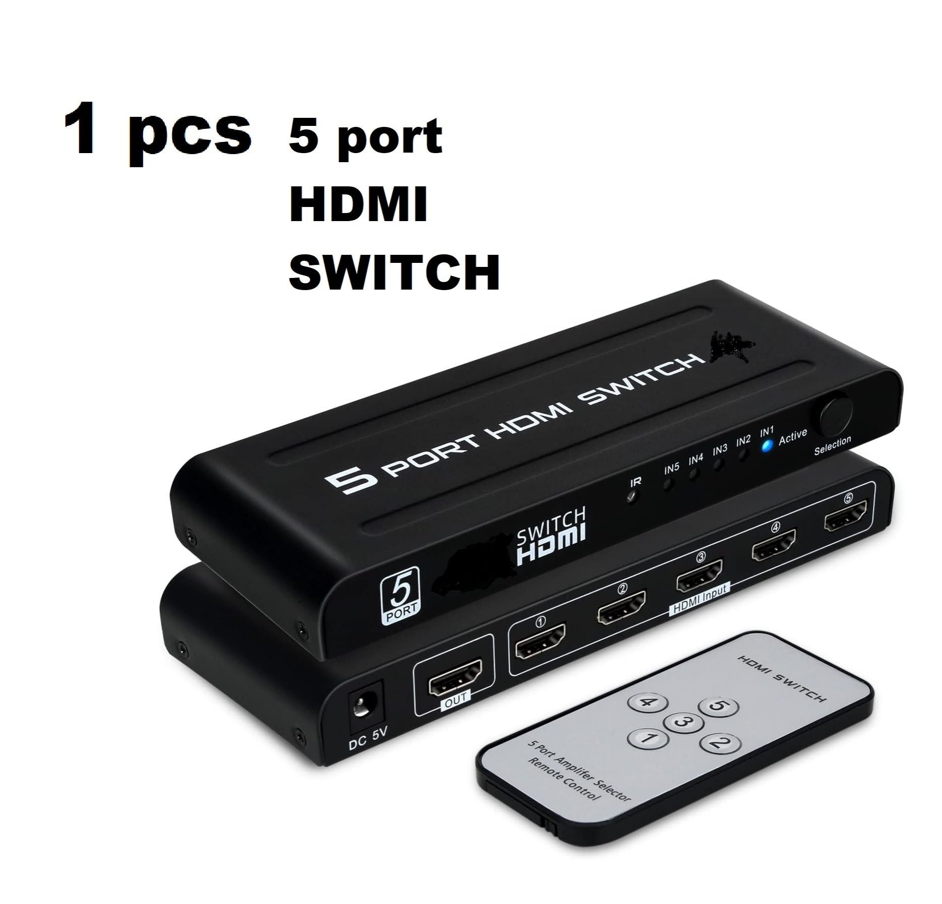 HDMI Switch Gold Plated Connector 5 in 1 Out with Push Button, IR Remote & Power Adapter – 5 Port HDMI Switcher Selector Box with Amplifier, HDCP, DTS Dolby 7.1 Audio Support