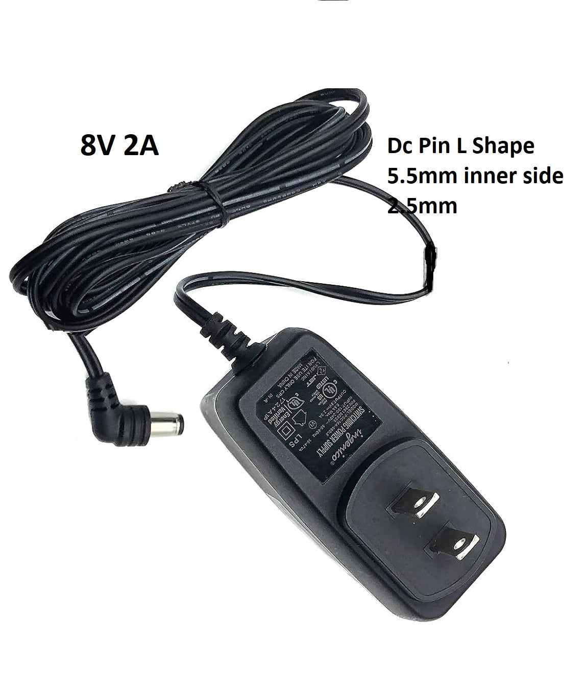 8V 2A AC to DC Power Adapter L Shape DC Pin 5.5mm x 2.5mm | 100-240V Input | Switching Power Supply | Long Cable | High Quality