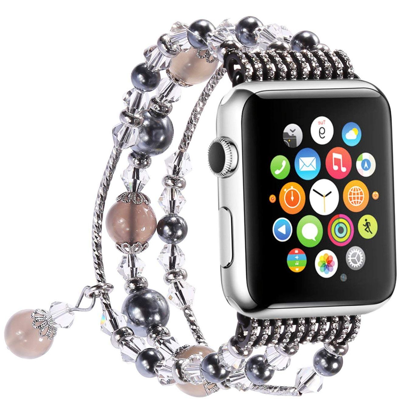 new fashion I Watch Band, Fashion Handmade Elastic Stretch Faux Pearl Bracelet Replacement Women Girls iWatch Bands Strap for I Watch Series 3/2 / 1 38mm -  Black Gray