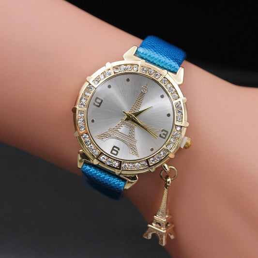 Women Fashionable Dress Paris Eiffel Tower Watches Blue Leather Band Quartz Watches