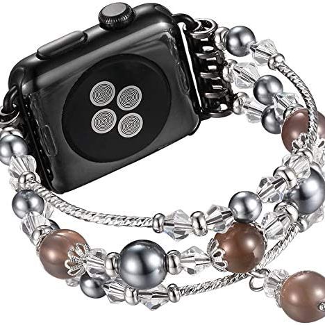 new fashion I Watch Band, Fashion Handmade Elastic Stretch Faux Pearl Bracelet Replacement Women Girls iWatch Bands Strap for I Watch Series 3/2 / 1 38mm -  Black Gray