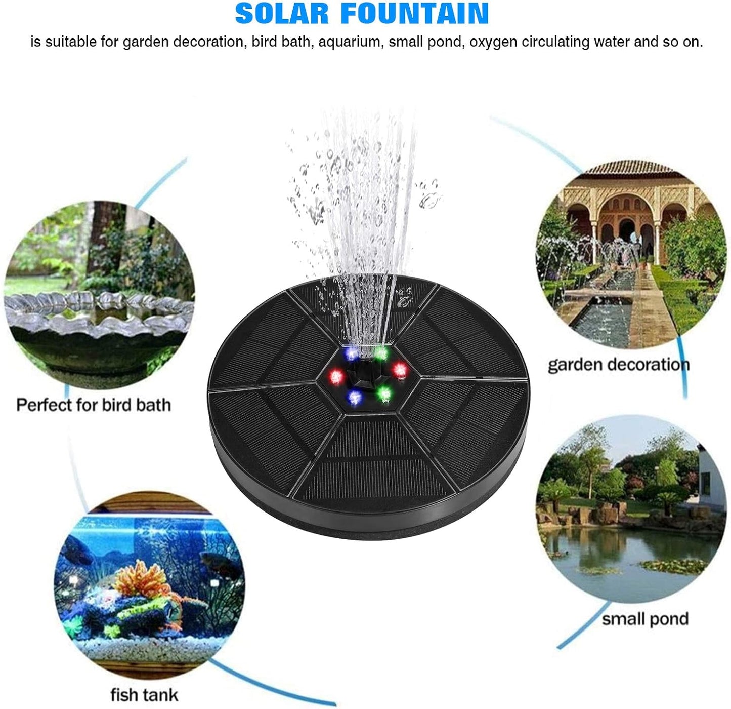 Solar Water Fountain 18 Cm with 1 nozzles, Floating Solar Powered Fountain Pump for Bird Bath  Garden Pond Pool Outdoor  Round