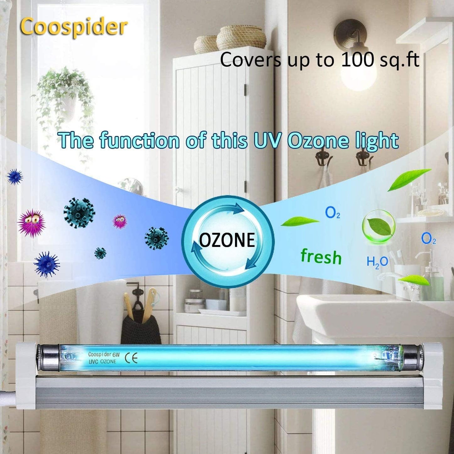 UVC Ozone Germicidal Lamp 8W 220V Coospider CTUV-8 Sterilizes surfaces 100 sqft  for Hospitals , room , shoes cabinet , medical . Parlar , Salon kill 99.9% Germs