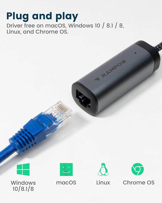 RAMPOW Type-C to RJ45 Gigabit Ethernet LAN Adapter for MacBook Pro/Air / iPad Pro (RCB39)