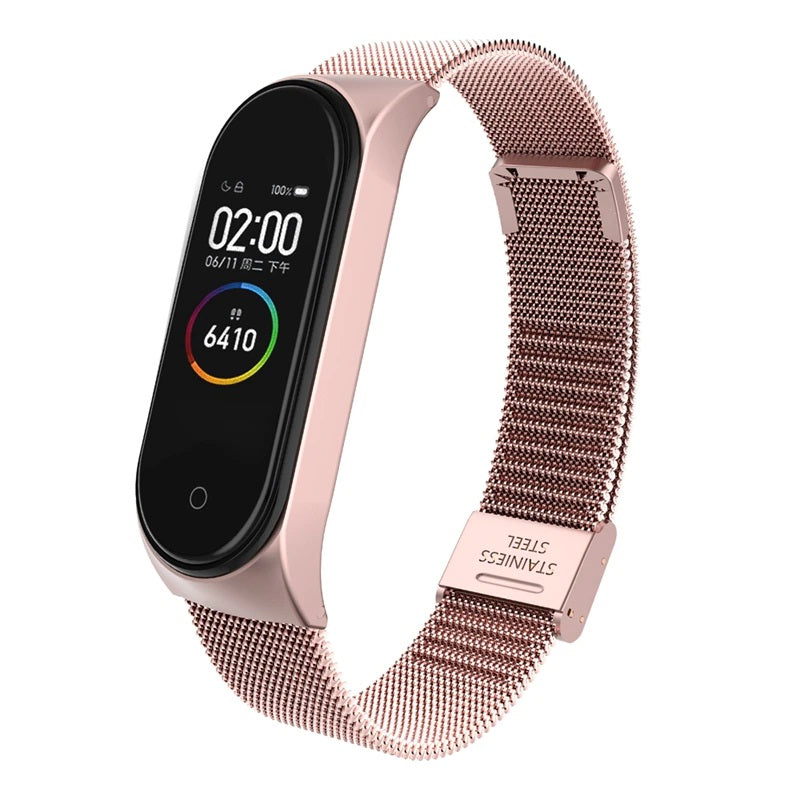 Strap Belt For Xiaomi Mi Band 3/4 Universal Metal Stainless Steel Buckle Milanese Watch Band(Rose Pink)