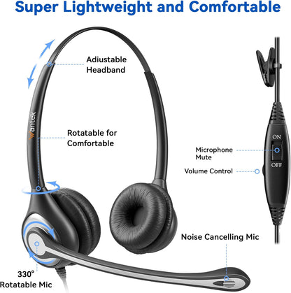 Phone Headset RJ9 with Microphone Noise Cancelling & Volume Controls, Office Telephone Headset Compatible with Polycom Plantronics Avaya ShoreTel Toshiba Digium Nortel Landline Phones, Clear Calls