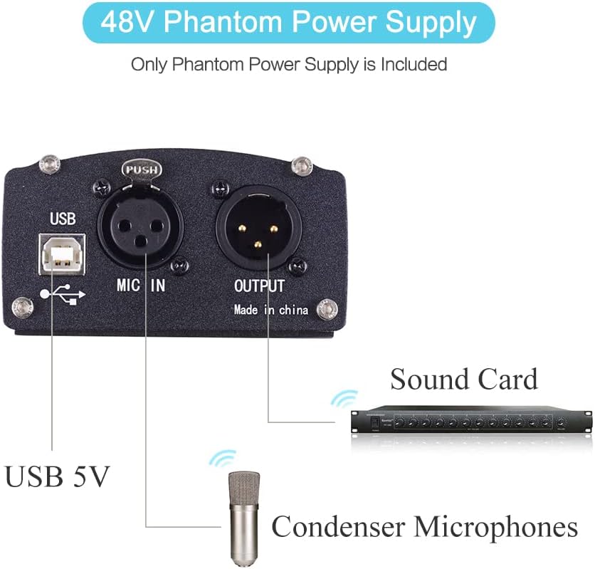 48V Phantom Power Supply for Condenser Microphone – USB Powered XLR Phantom Power Box