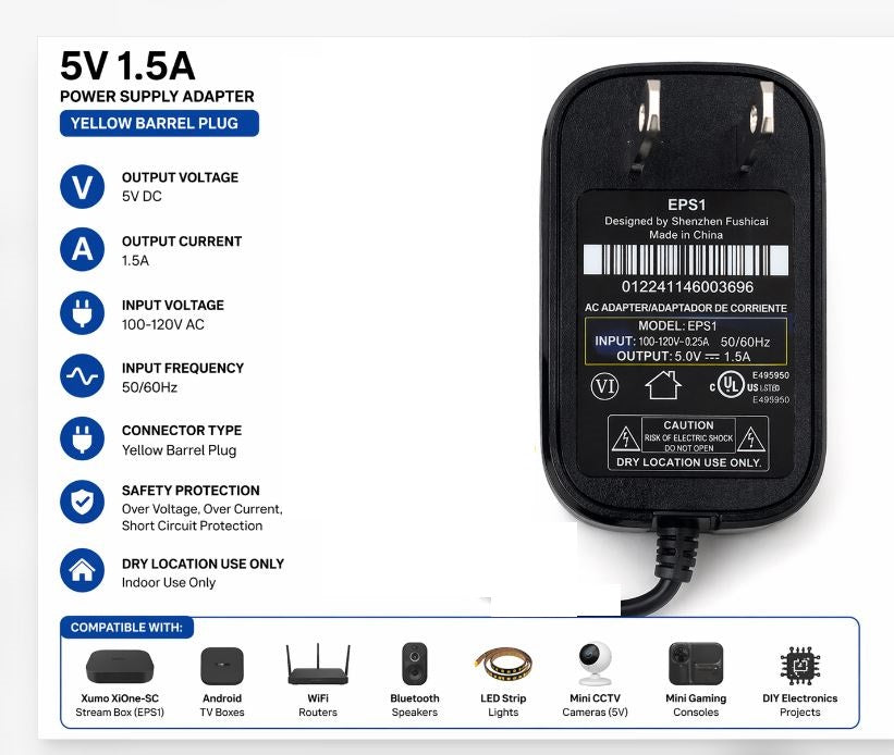 5V 1.5A Power Supply Adapter for Xumo XiOne-SC EPS1 – 100-120V AC Input, Yellow Barrel Plug Charger for Streaming Device, TV Box, Router, LED & Electronics