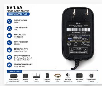 5V 1.5A Power Supply Adapter for Xumo XiOne-SC EPS1 – 100-120V AC Input, Yellow Barrel Plug Charger for Streaming Device, TV Box, Router, LED & Electronics