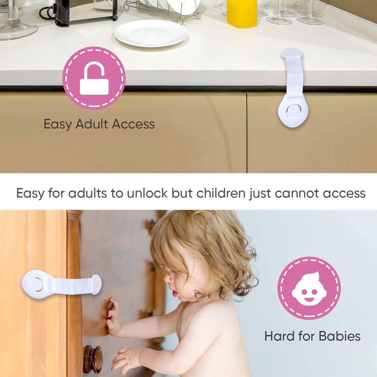 Child Proof Safety Locks for Drawers, Cabinets & Doors – Easy Install Kid-Resistant Straps (21×5 cm, White) for Cupboards, Wardrobes, Toilets & Furniture