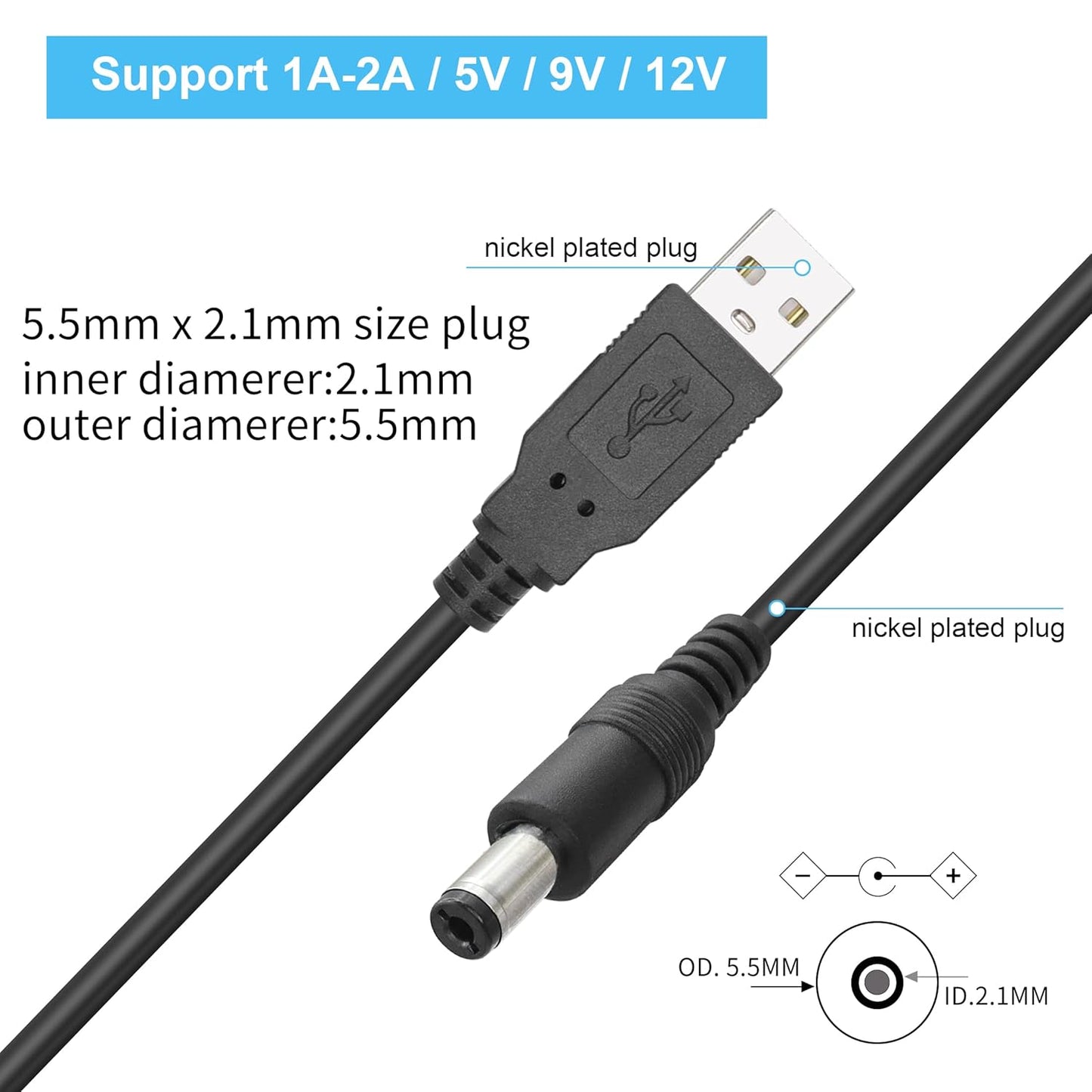 2 Ft USB to Dual DC Splitter Cable 5V – USB to 2 DC 5.5x2.1mm Barrel Jack Power Cable for Router, LED Light, Fan & Small Appliances