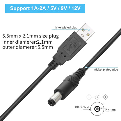 2 Ft USB to Dual DC Splitter Cable 5V – USB to 2 DC 5.5x2.1mm Barrel Jack Power Cable for Router, LED Light, Fan & Small Appliances