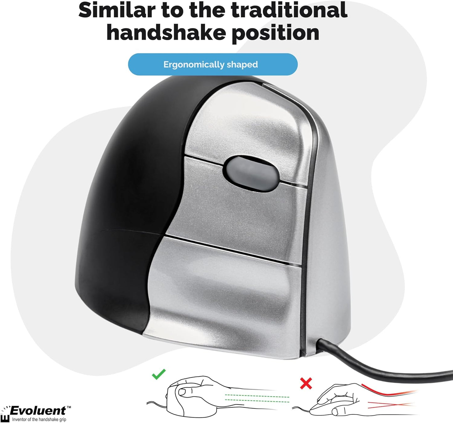 Evoluent VM3R2-RSB Vertical Wireless Mouse – Ergonomic Handshake Design for Wrist Pain Relief & Comfort