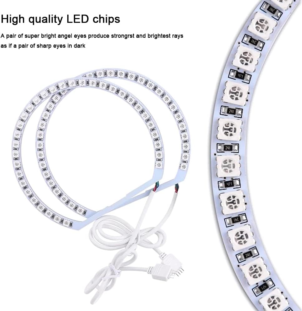 4 PCS 131MM RGB LED Angel Eye Halo Rings for BMW E46 E38 E39 3/5/7 Series – 5050 SMD Multi-Color Headlight Kit with IR Remote Control (16 Colors)