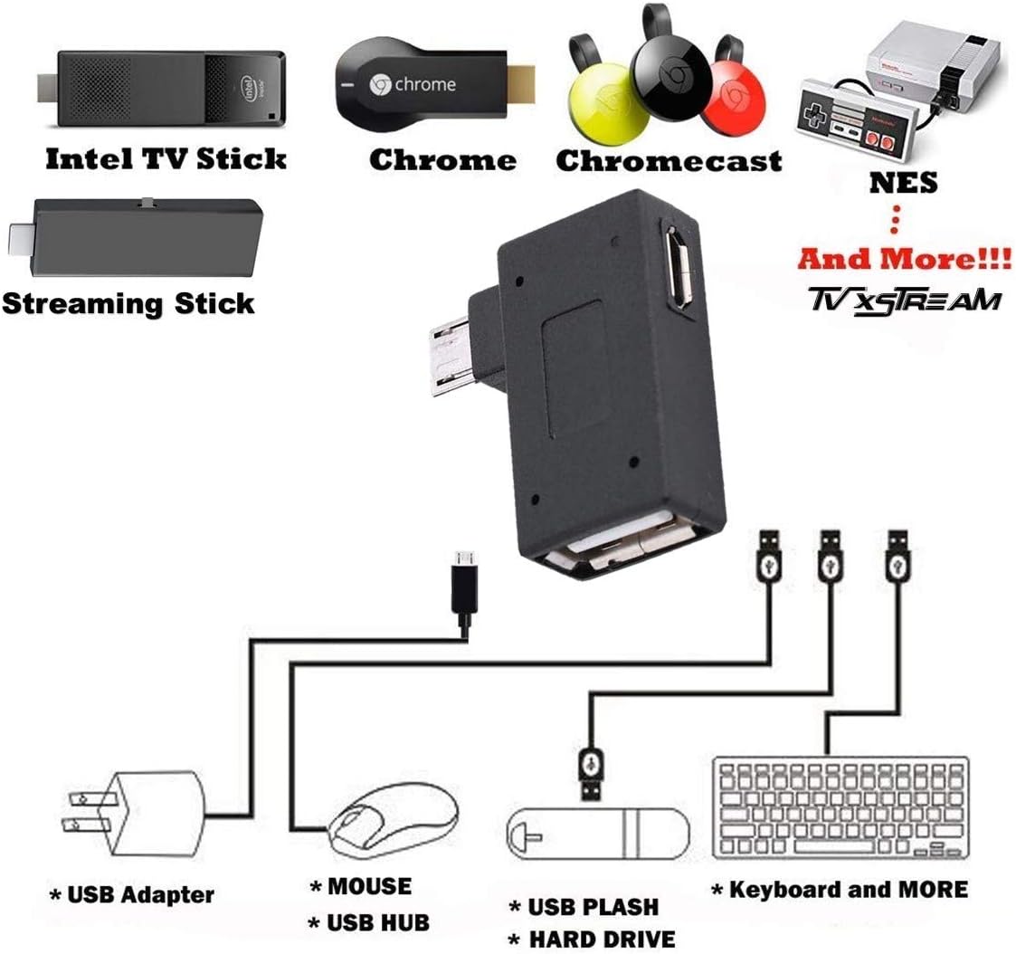 OTG Adapter 90° Right Angle Micro USB OTG Cable – TV xStream High-Speed USB Adapter for Firestick (2nd Gen, 3rd Gen, 4K), Android Smartphones, Tablets, Keyboards & Gaming Consoles