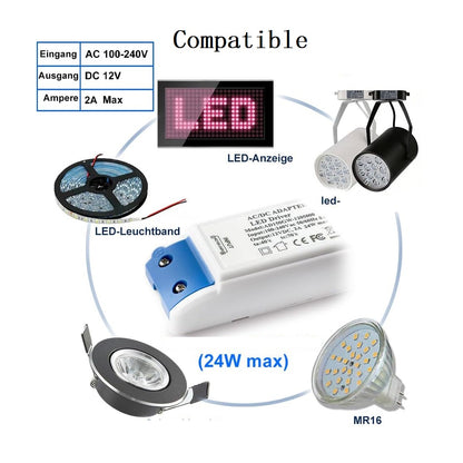 LED Transformer 24W 12V DC Power Supply Adapter – 240V AC to 12V DC 2A LED Driver for LED Strip Lights, Cabinet Lights, MR11/MR16 Bulbs & Ring Doorbell
