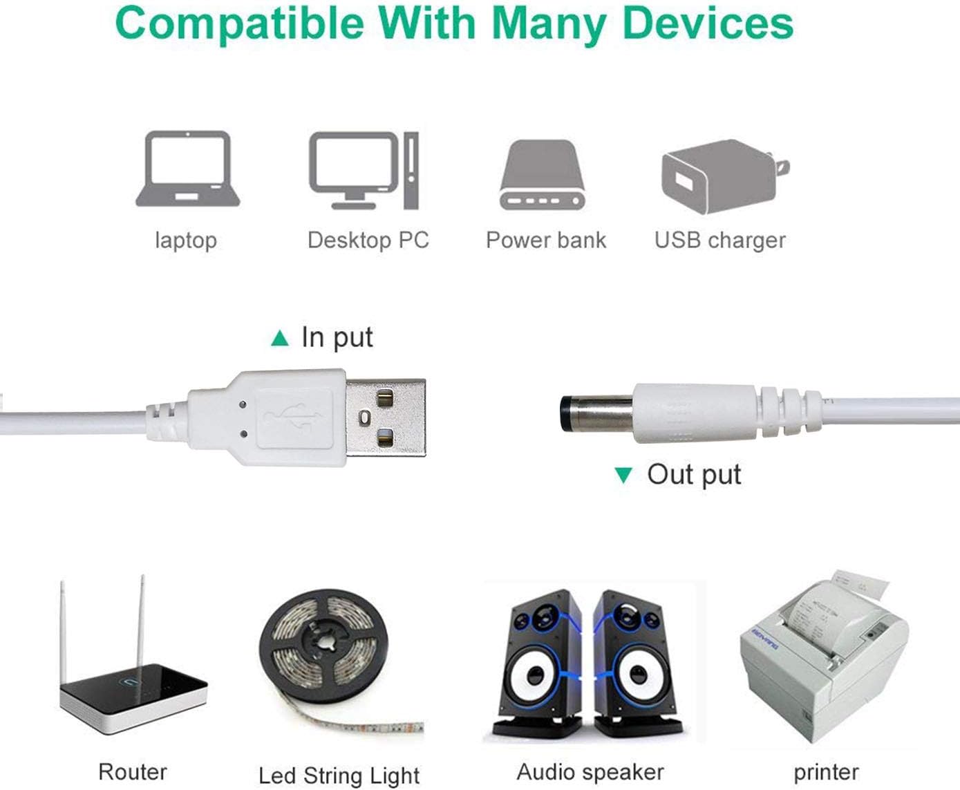 3.5 Meter USB to DC Male Power Cable 5V – USB to 5.5 x 2.1mm DC Plug Charging Converter Cable for Routers, Keyboards & Electronic Devices – White