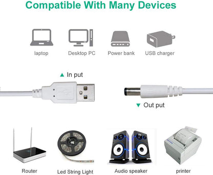 3.5 Meter USB to DC Male Power Cable 5V – USB to 5.5 x 2.1mm DC Plug Charging Converter Cable for Routers, Keyboards & Electronic Devices – White