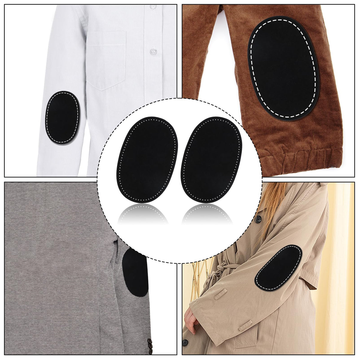Four-panel collage showing black oval elbow patch inserts sewn onto different garments: a white jacket, a brown coat, a gray coat, and a beige trench coat. A central circular inset shows the two black patch pieces with white stitched edges on a white background.