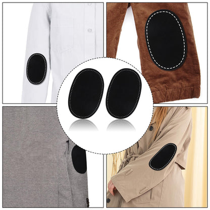 Four-panel collage showing black oval elbow patch inserts sewn onto different garments: a white jacket, a brown coat, a gray coat, and a beige trench coat. A central circular inset shows the two black patch pieces with white stitched edges on a white background.