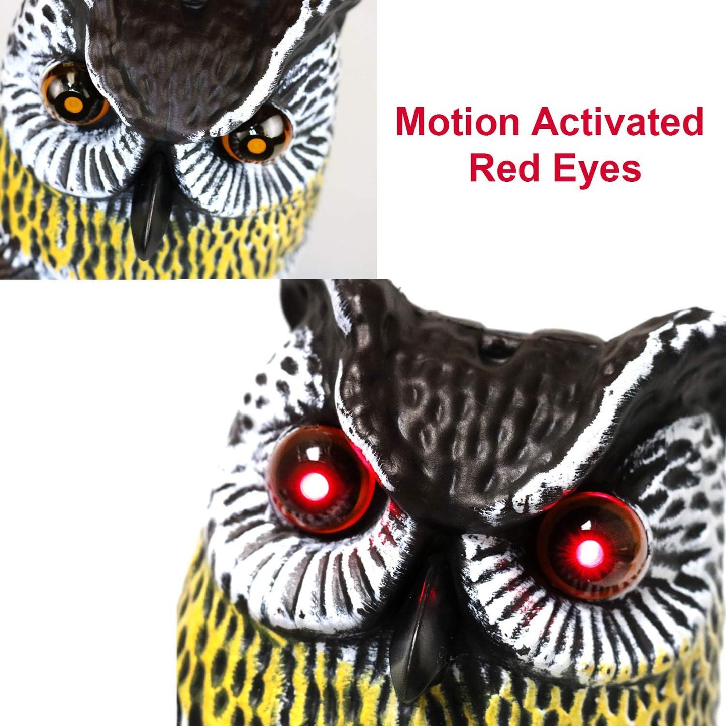 16" Solar Motion Sensor Hooting Owl Decoy – Solar Powered Bird Deterrent with Sound & Red LED Eyes, Motion Activated Fake Owl for Garden Pest Control