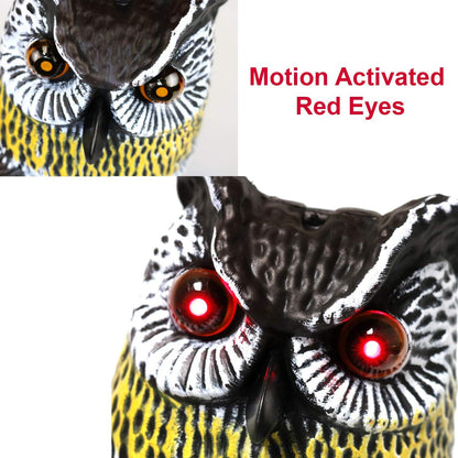 16" Solar Motion Sensor Hooting Owl Decoy – Solar Powered Bird Deterrent with Sound & Red LED Eyes, Motion Activated Fake Owl for Garden Pest Control