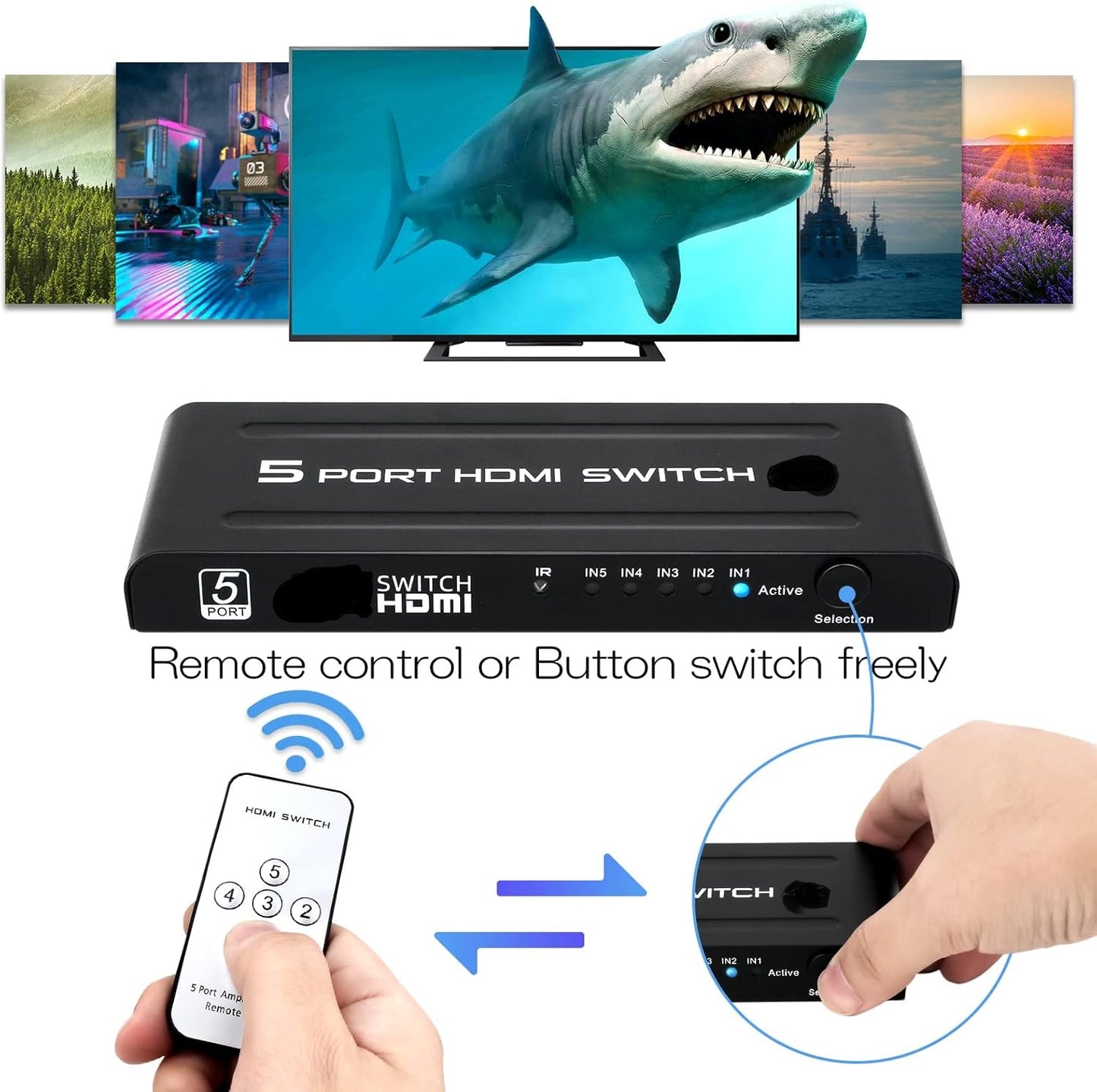 HDMI Switch 5 in 1 Out with Push Button, IR Remote & Power Adapter – 5 Port HDMI Switcher Selector Box with Amplifier, HDCP, DTS Dolby 7.1 Audio Support