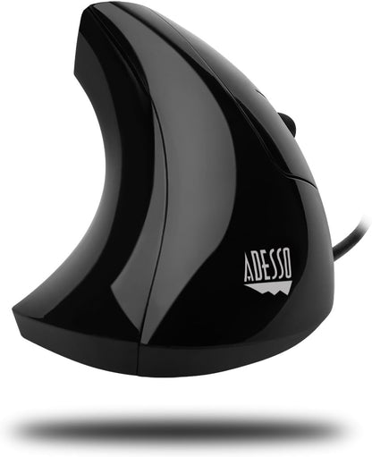 Branded Adesso iMouse E1 Vertical Ergonomic USB Mouse – 1600 DPI Illuminated Optical Wired Mouse with 6 Buttons for Right-Handed Users