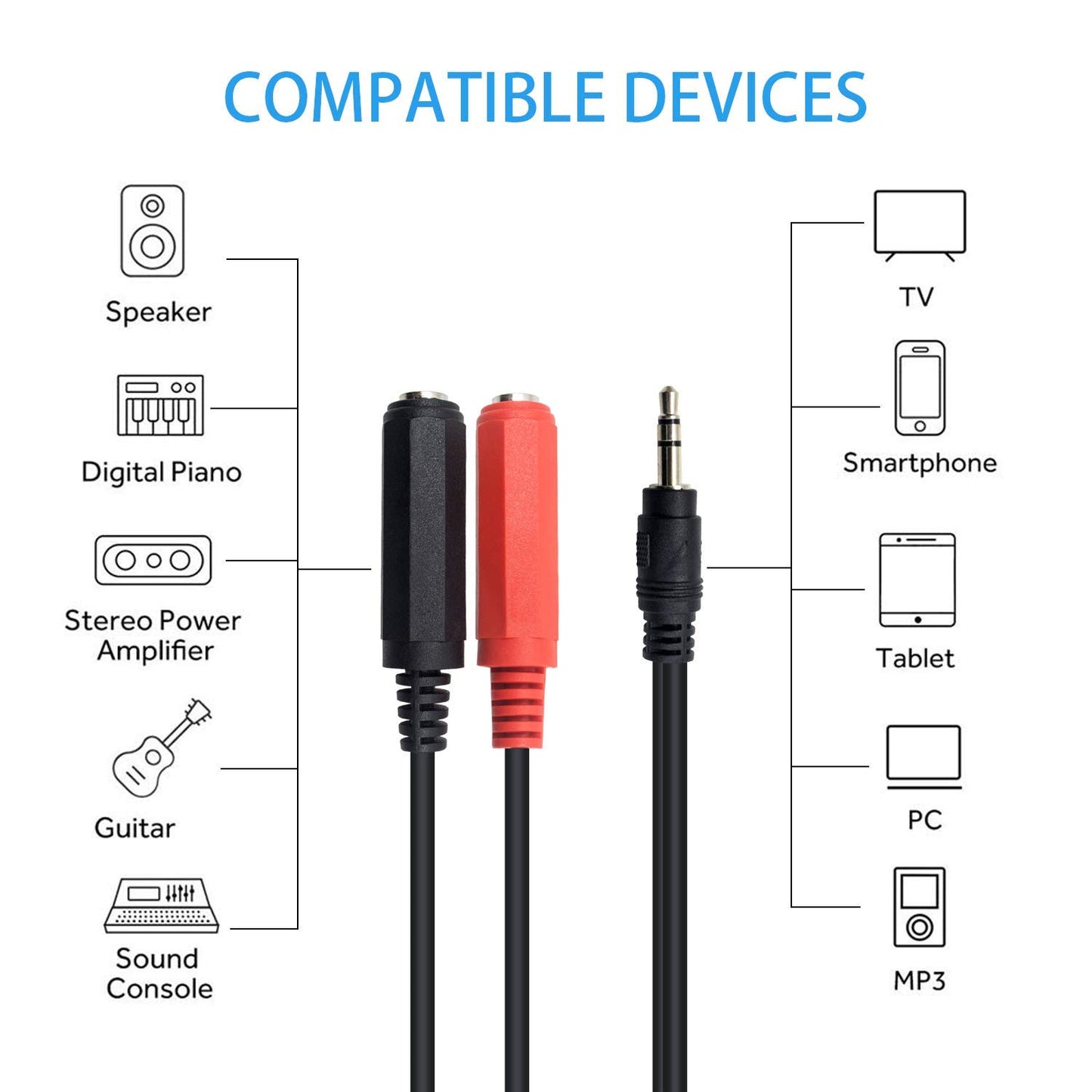 3.5mm to Dual 1/4 Inch Stereo Y Splitter Cable – Premium 1/8" TRS Male to 2 x 6.35mm Female Headphone Adapter, 20cm/8 Inch Audio Jack Converter