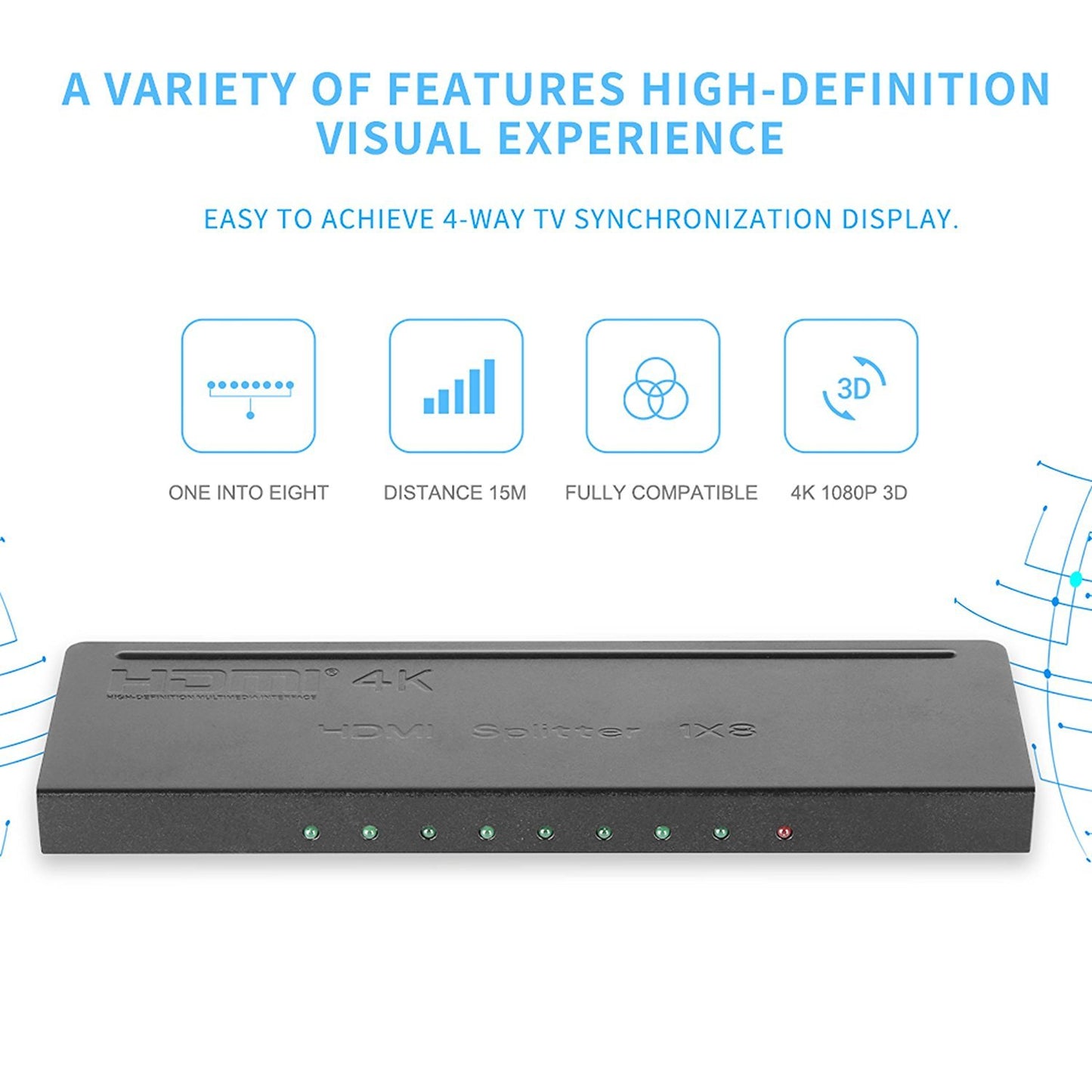 Brand New Slim HDMI Splitter 1x8 – 1 Input 8 Output HDMI Amplifier Switcher Hub | Full HD 4Kx2K, 3D, 1080p Support