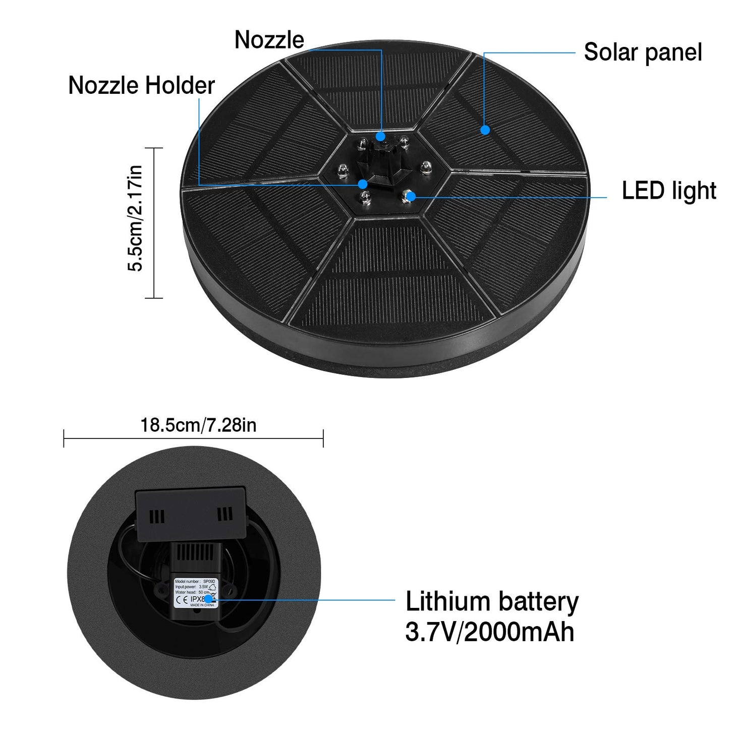 Solar Water Fountain 18 Cm with 1 nozzles, Floating Solar Powered Fountain Pump for Bird Bath  Garden Pond Pool Outdoor  Round