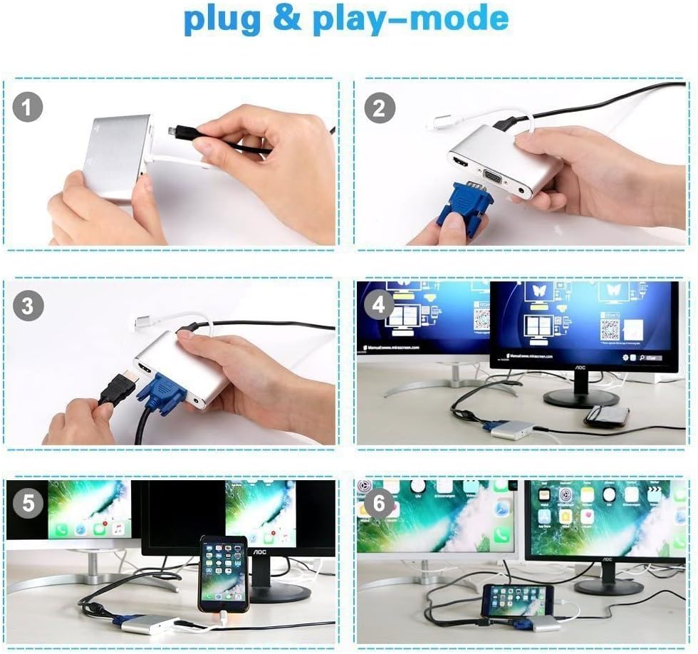 Apple to hdmi Lightning to HDMI VGA Audio Multiport Adapter Cable for ipad iphone Compatible
