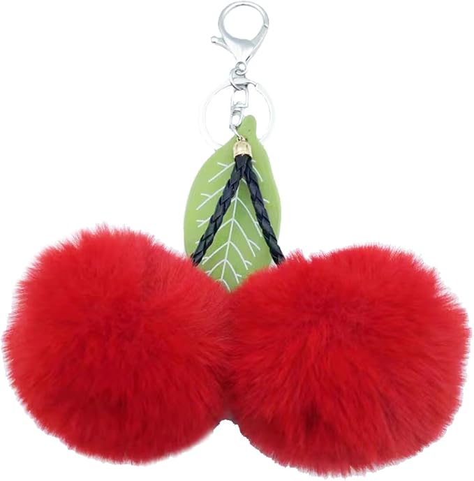 Cute Cherry Faux Pom Pom Soft Fluffy Ball Key Chain Car Keying Bag Wallet Pendant Ornament (Red)