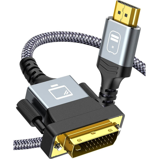 HDMI to DVI Sturdy Braid Cable 4K UHD [1080P 60Hz] 24K Gold-Plated Bi-Directional DVI-D 24+1 to HDMI Cord Male to Male