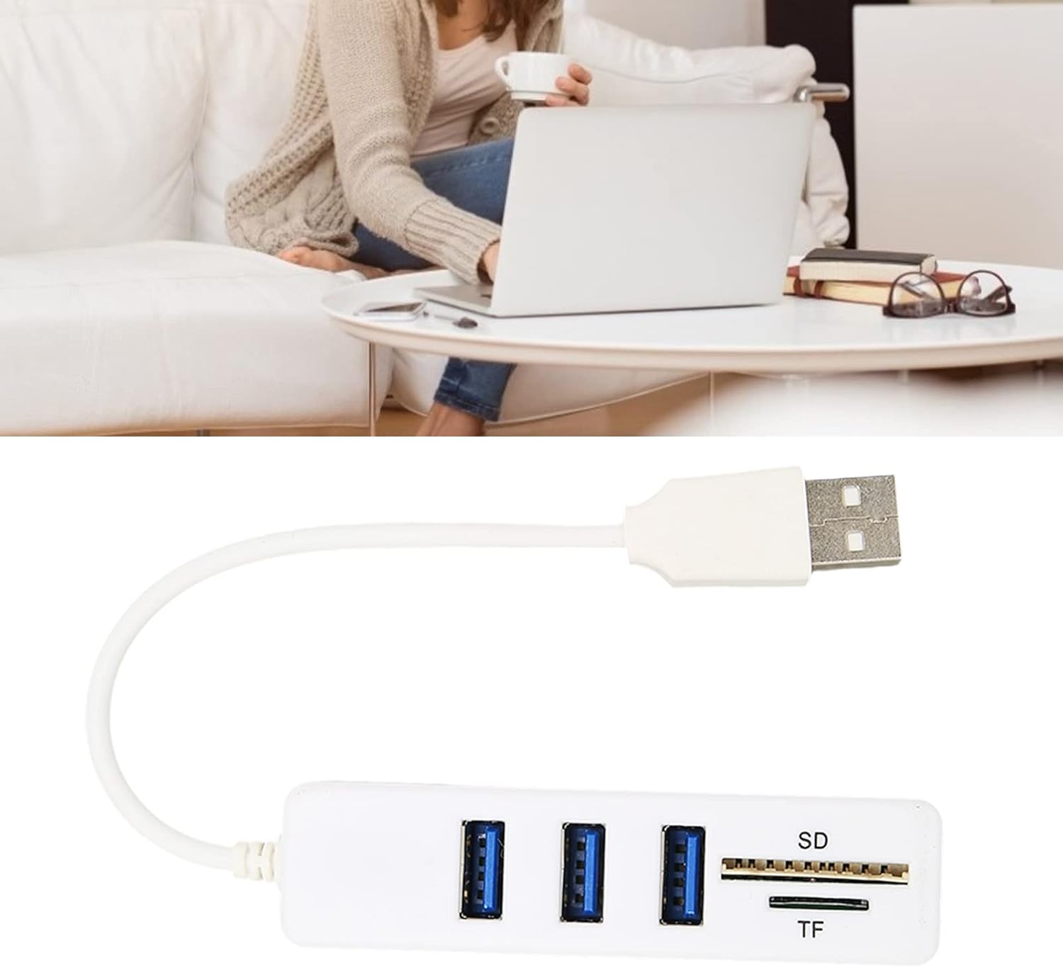 Portable USB 2.0 Hub, TF/SD Card Reader, 3 USB 2.0 Ports, 480Mbps High Speed Data Transmission, Plug and Play, USB Splitter for Keyboard, Mouse, Hard Dish and U Disk (White)